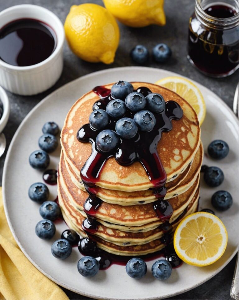 Lemon Poppy Seed Pancakes with Blueberry Syrup