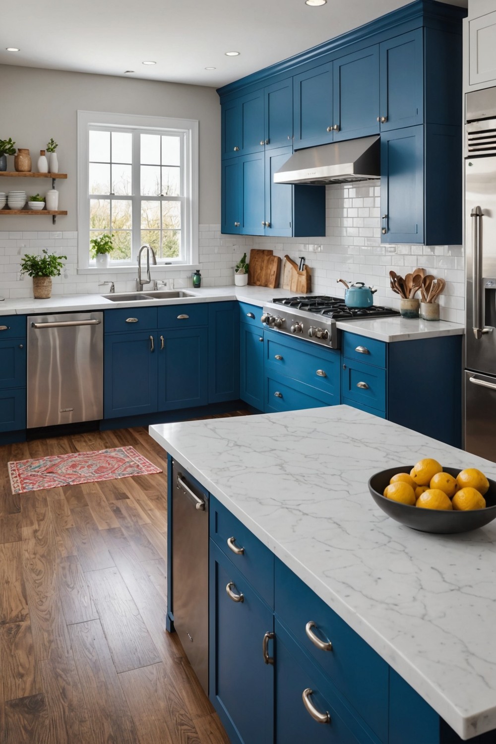 Bold Colored Cabinets with Neutral Backsplash