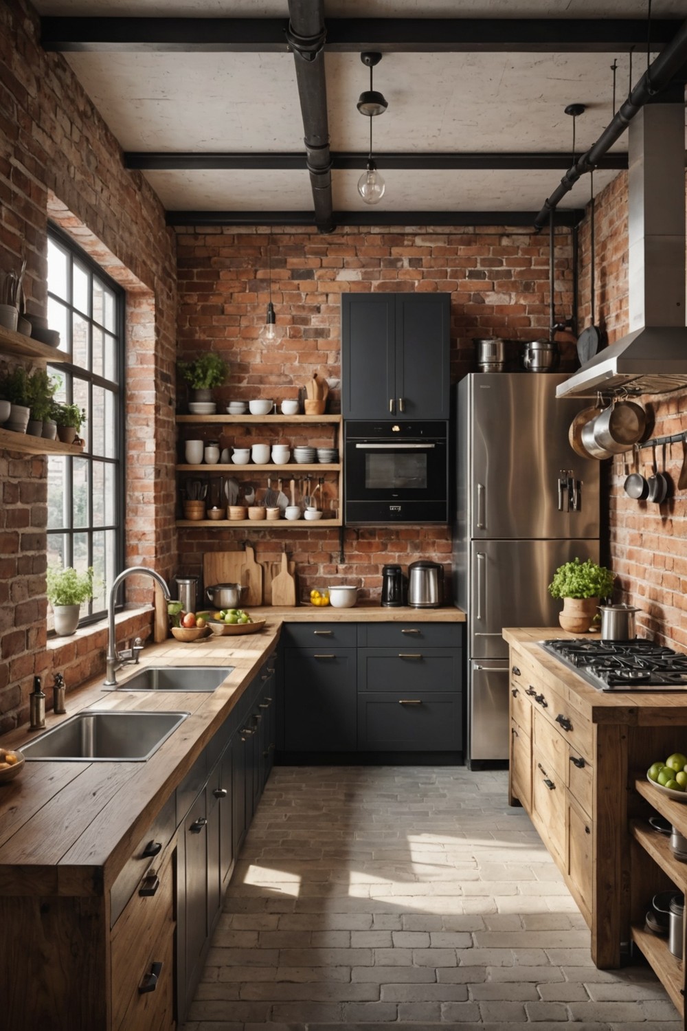 Exposed Brick Wall with Rustic Wooden Accents