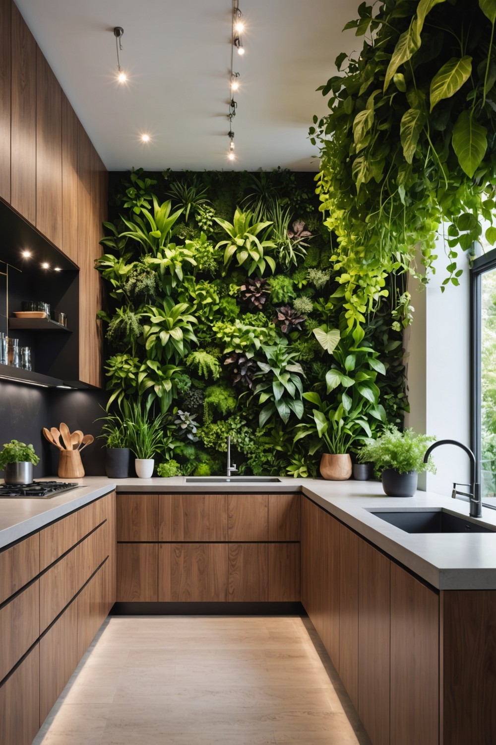 Greenery-Filled Vertical Garden with Modern Lighting