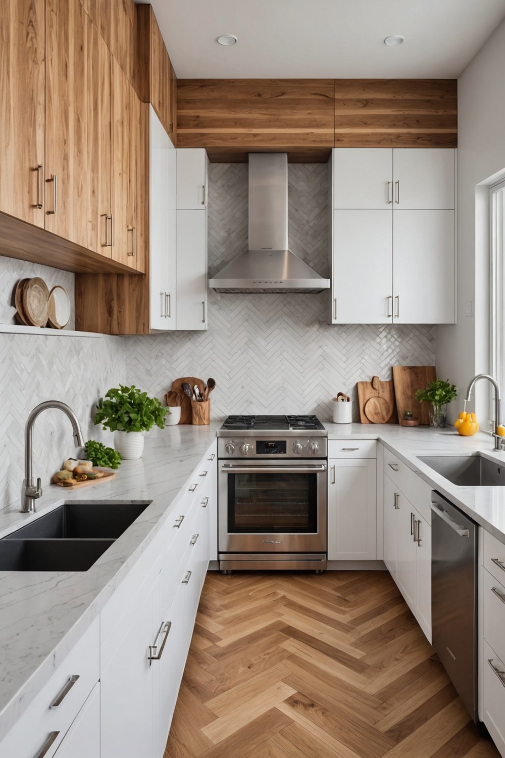 Herringbone Pattern Backsplash with White Cabinets