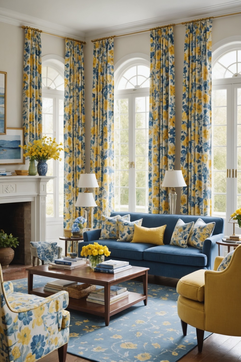 Blue and Yellow Floral Patterned Curtains