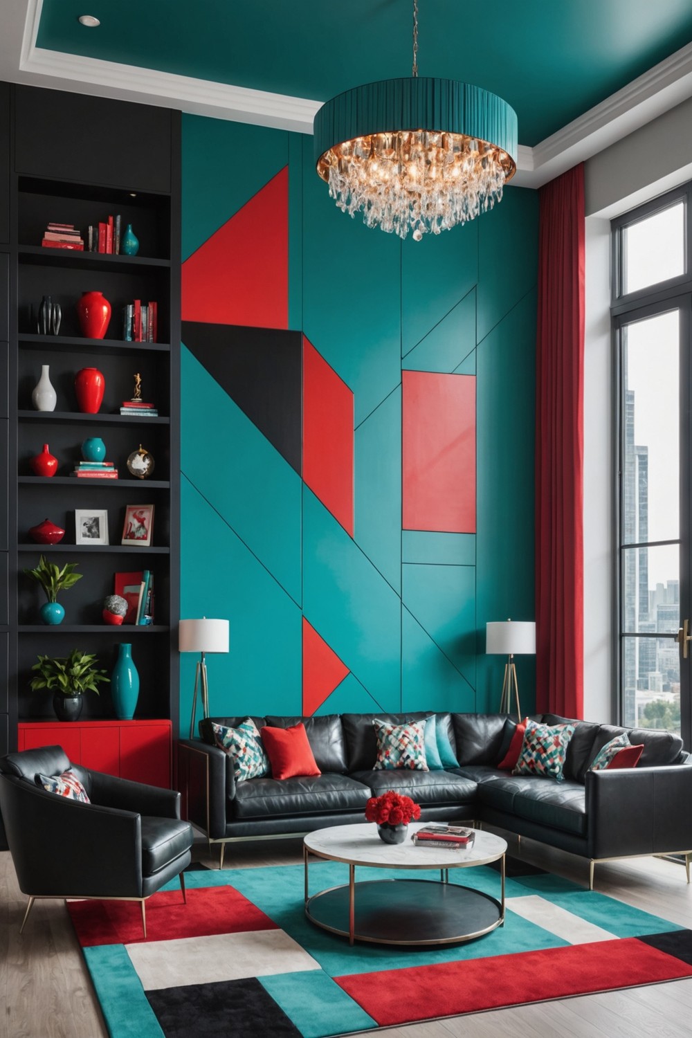 Bold Teal and Red Accent Wall