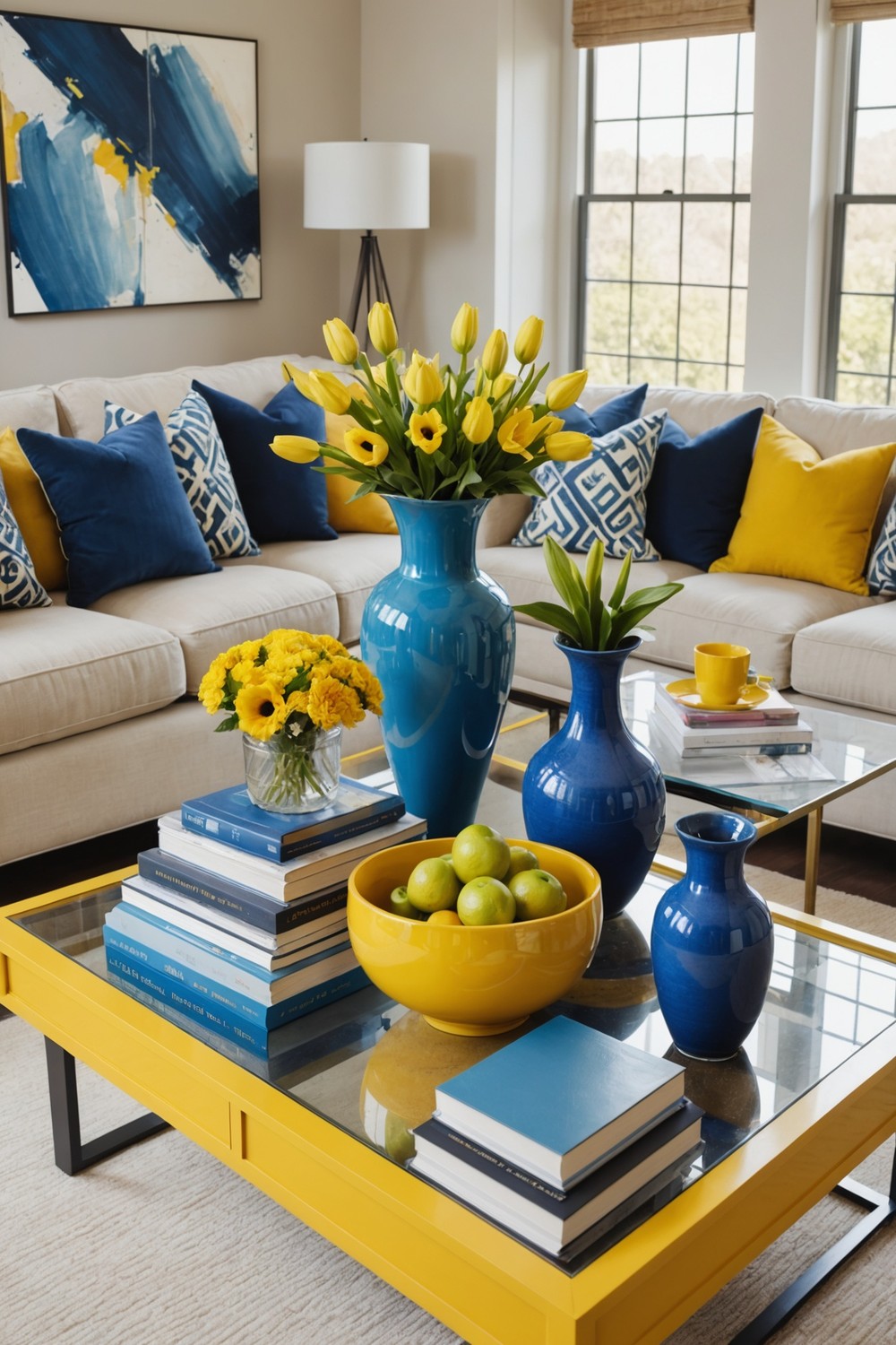 Bold Yellow Coffee Table with Royal Blue Vase