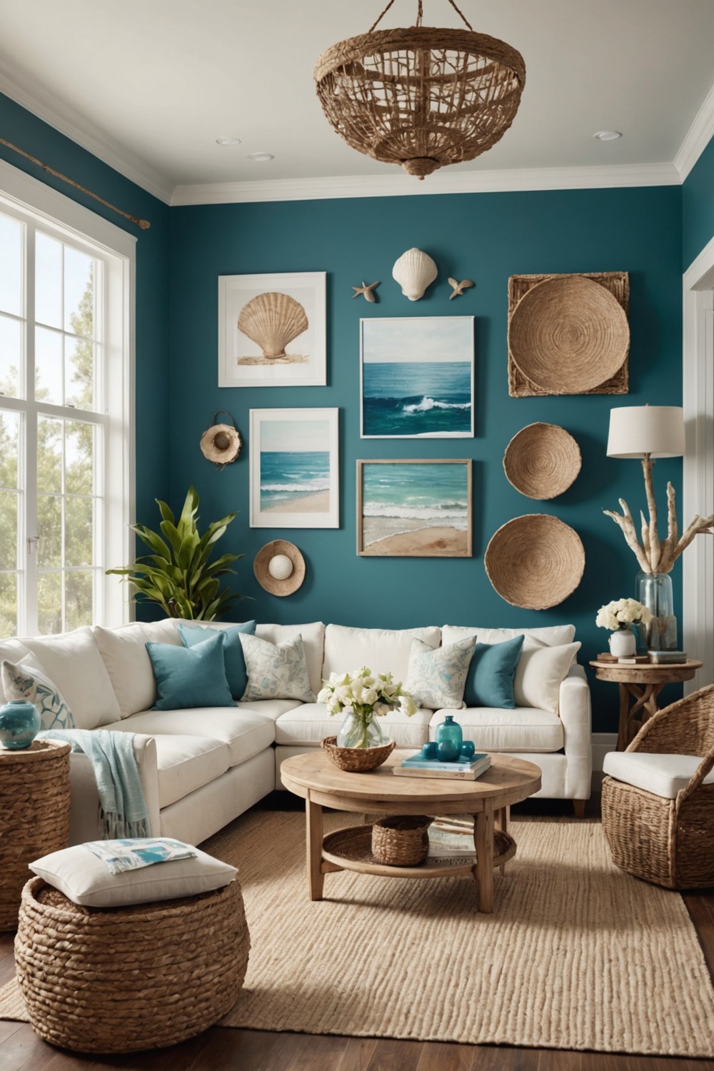 Coastal Teal and White Living Room