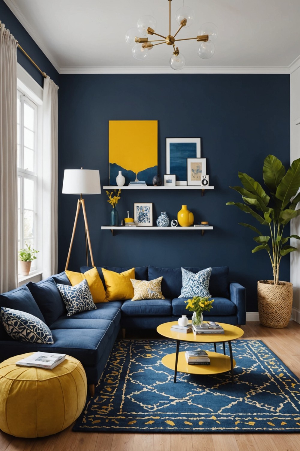 Dark Blue Accent Wall with Yellow Patterned Rug