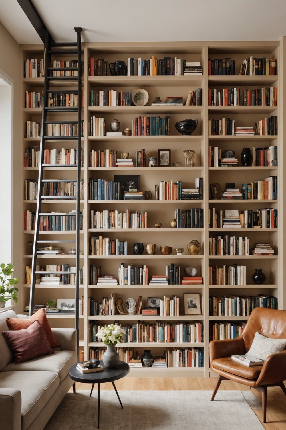 Floor-to-Ceiling Bookshelves with Sliding Ladder