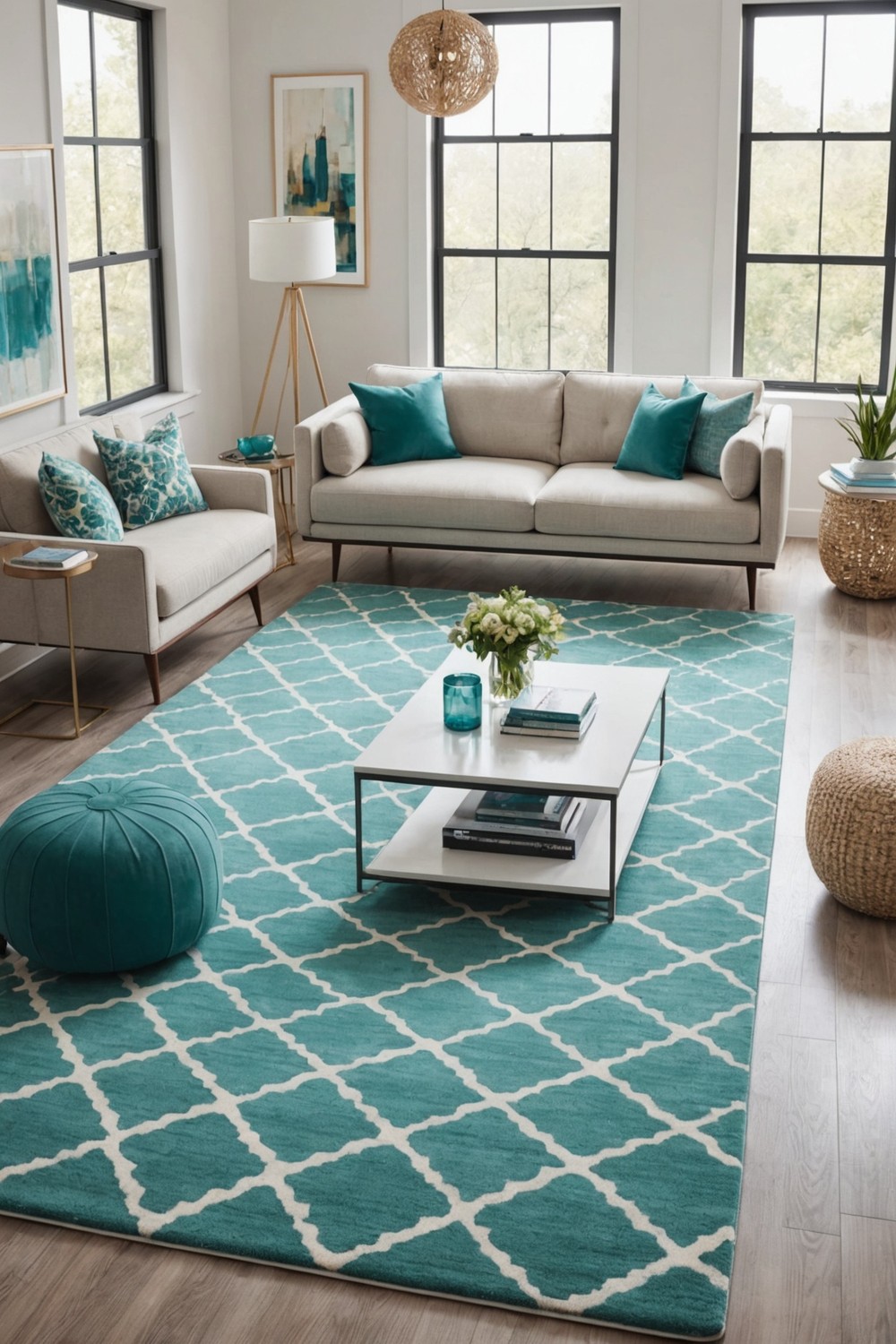 Geometric Teal Patterned Rug