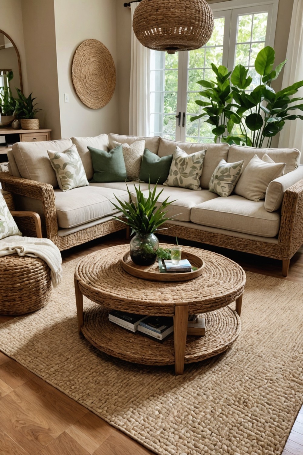 Natural Wood and Woven Seagrass Coffee Table