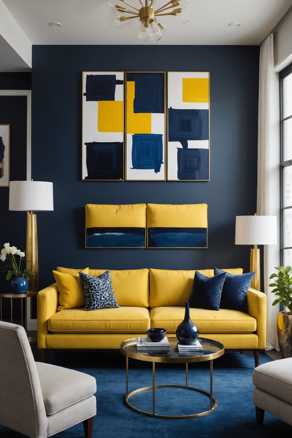 Navy Blue Walls with Yellow Accent Pillows