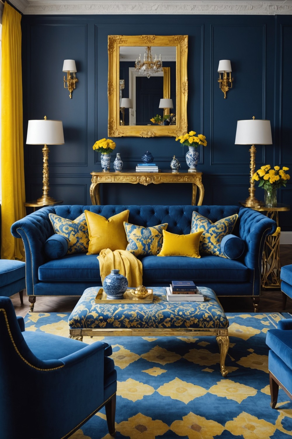 Royal Blue Velvet Sofa with Yellow Patterned Blanket