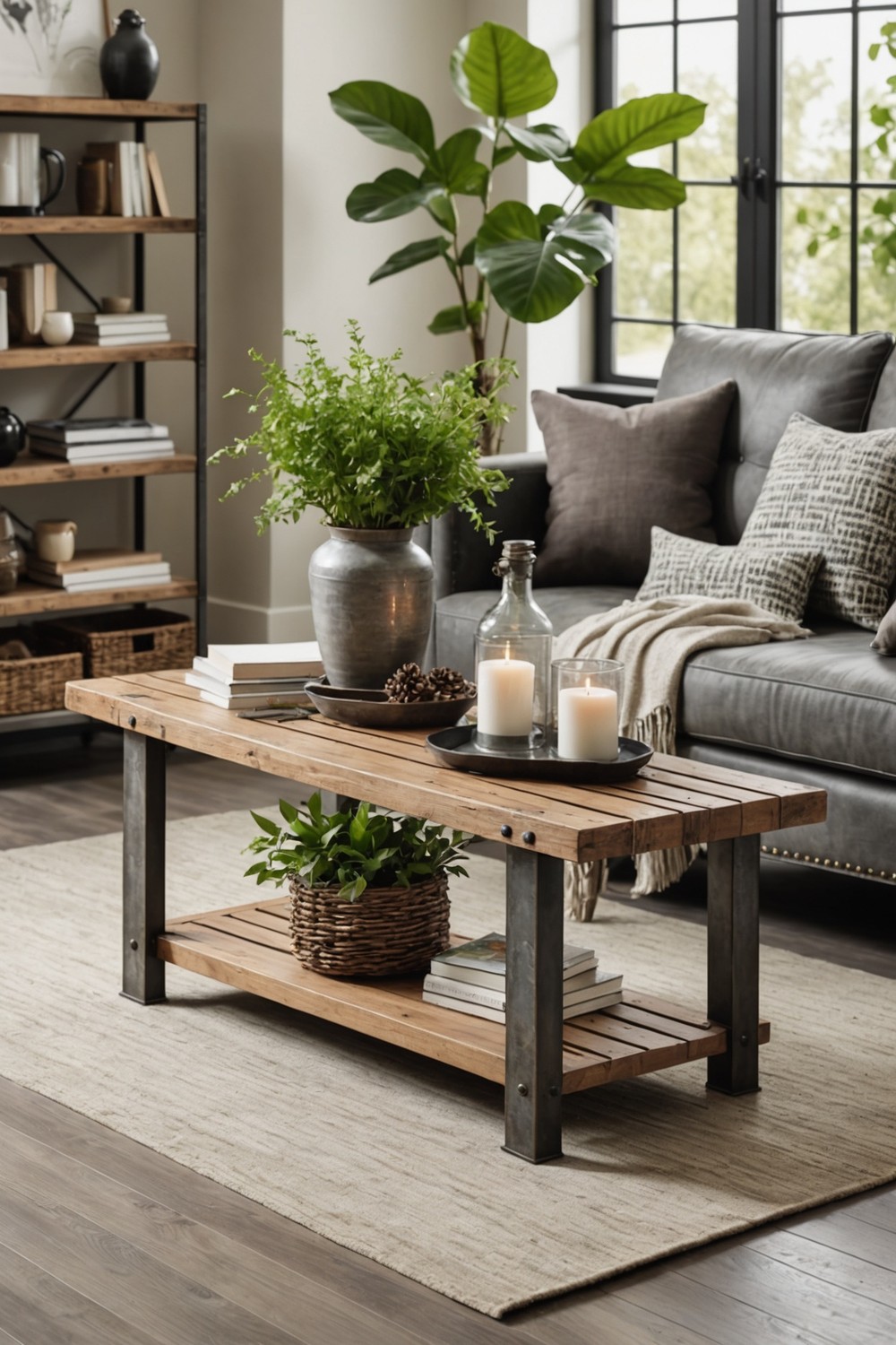 Rustic Wood Coffee Table with Metal Accents