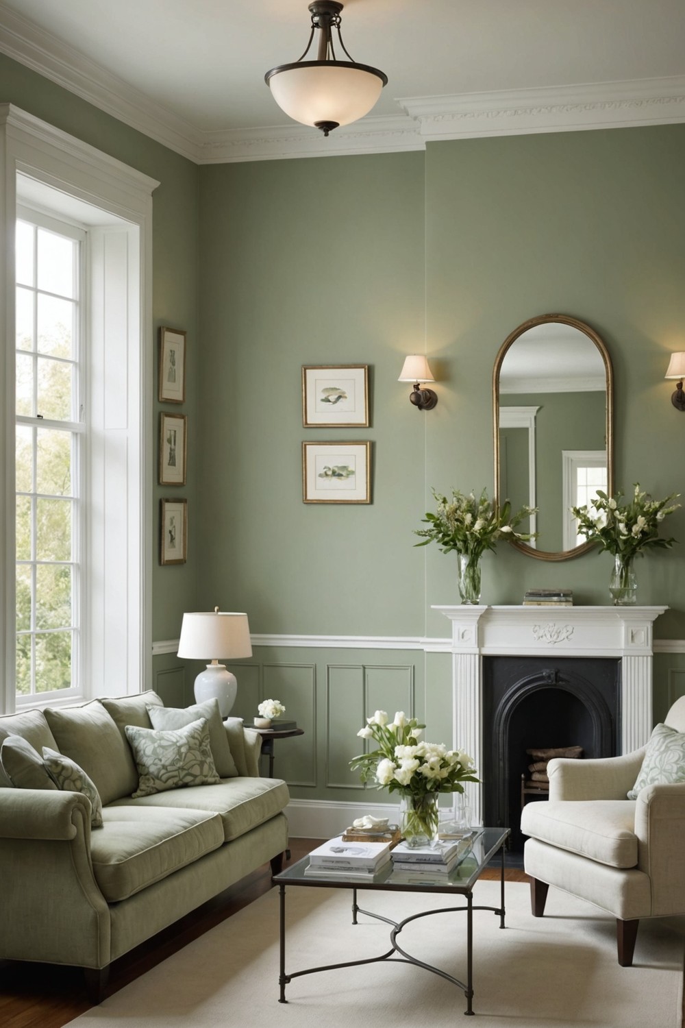 Sage Walls with White Wainscoting