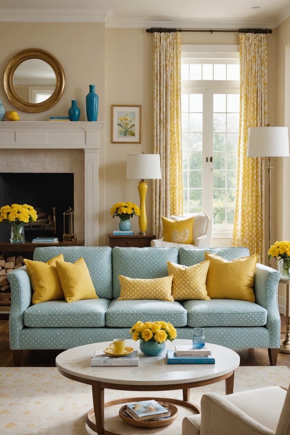 Sky Blue and Yellow Polka Dot Patterned Sofa