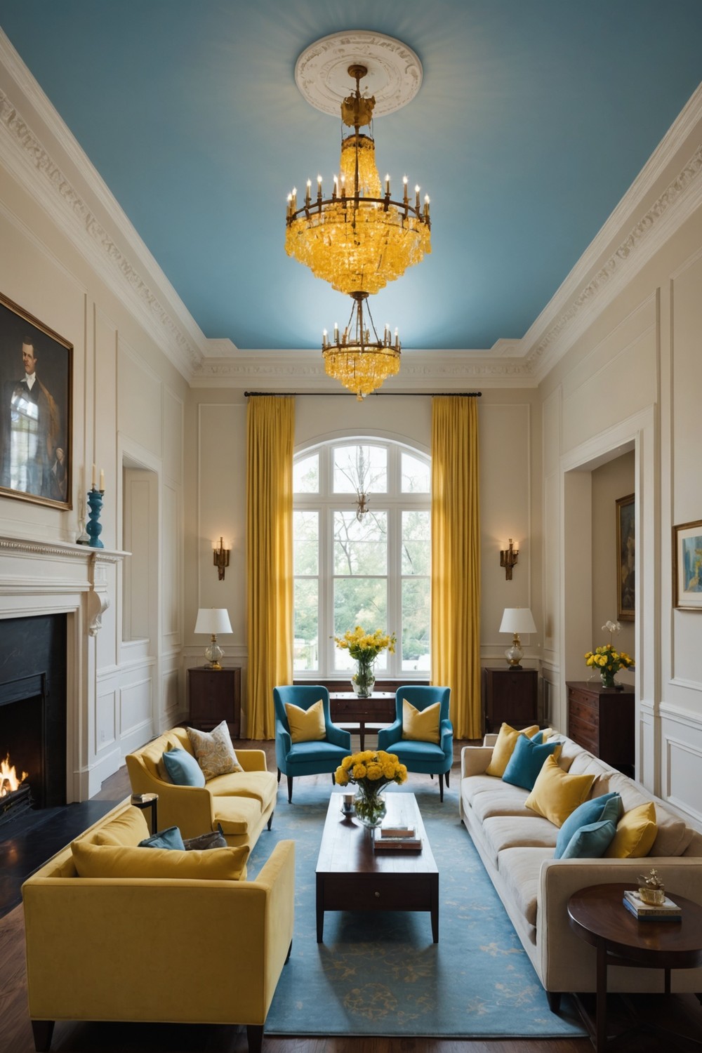 Soft Blue Ceiling with Yellow Chandelier