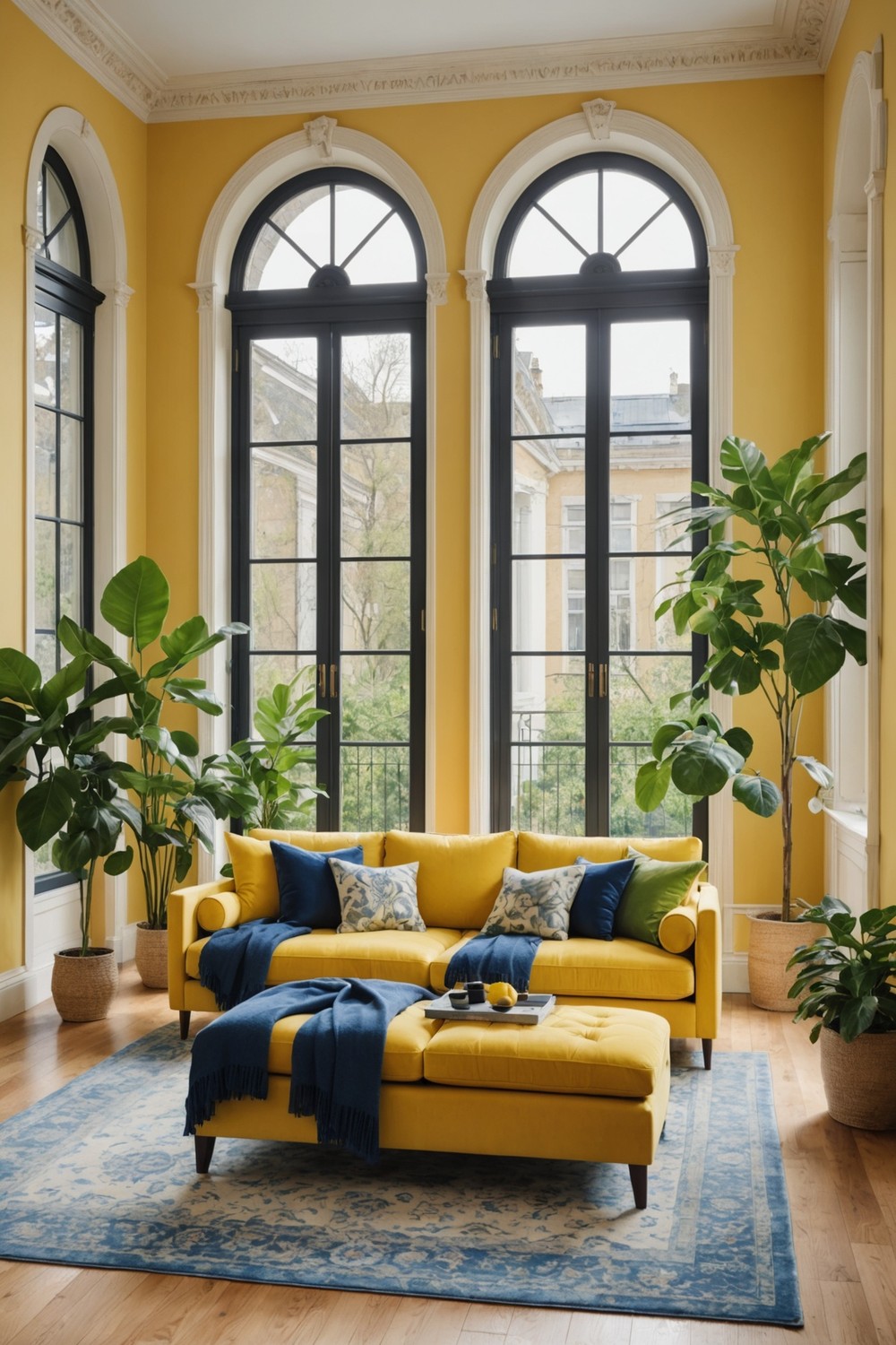 Sunny Yellow Sofas with Royal Blue Throws