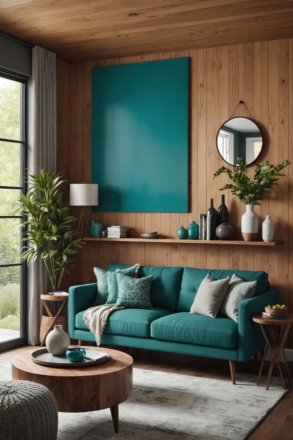 Teal and Wood Toned Accent Wall