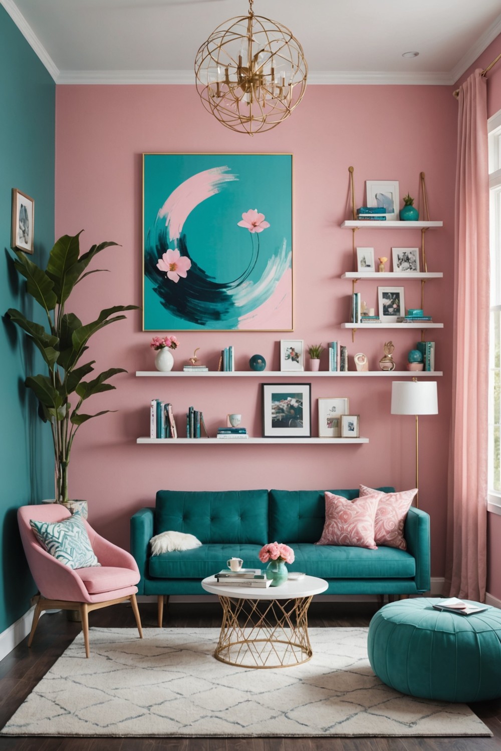 Whimsical Teal and Pink Accent Wall