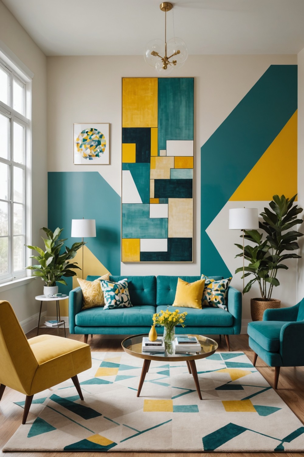 Whimsical Teal and Yellow Accent Wall