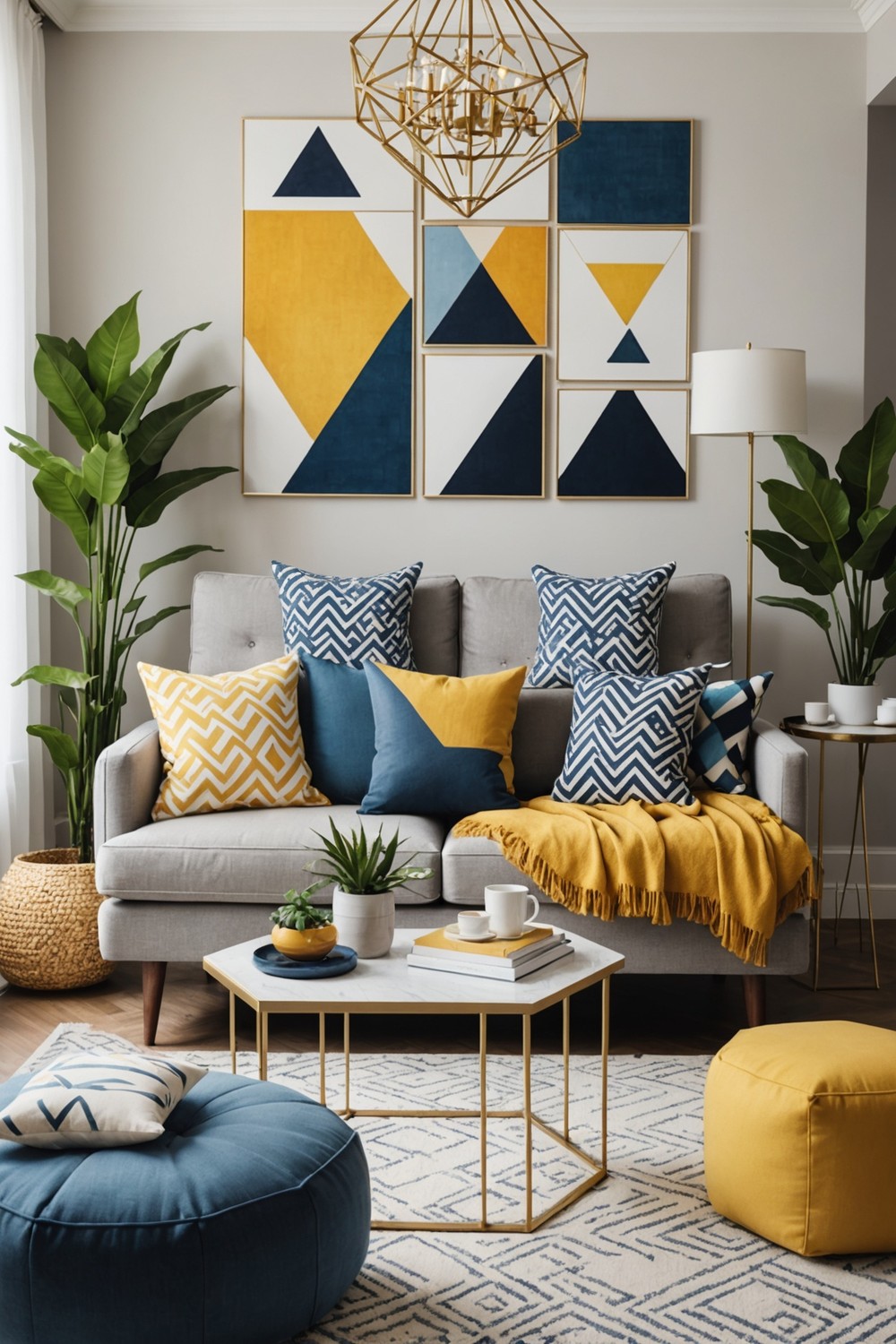 Yellow and Blue Geometric Patterned Throw Pillows