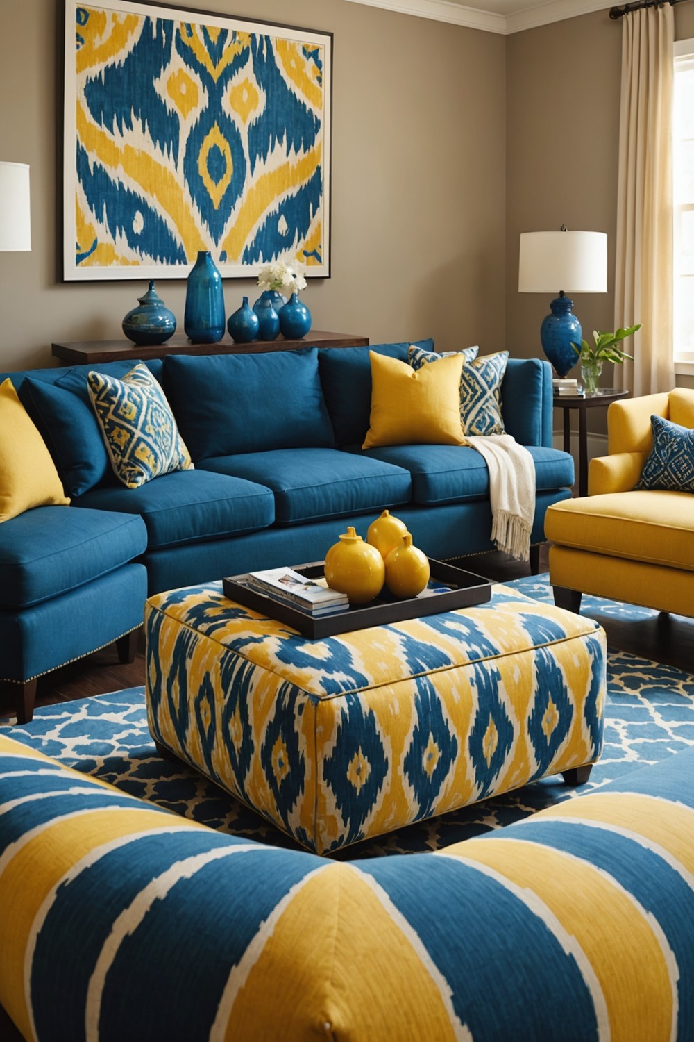 Yellow and Blue Ikat Patterned Ottoman