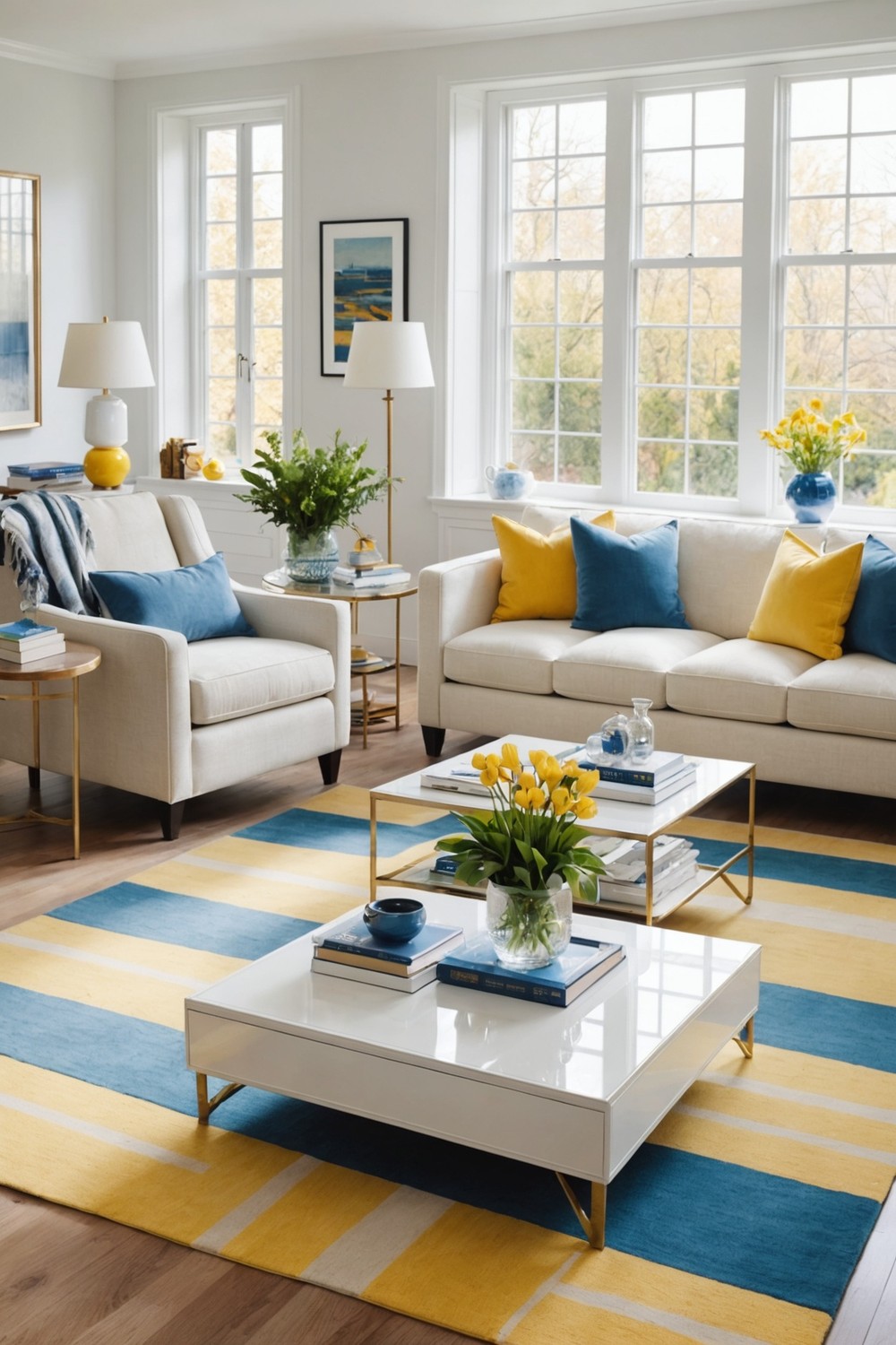 Yellow and Blue Striped Rug with White Furniture