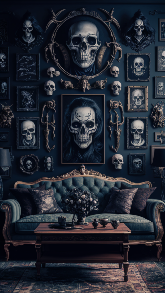 A Gallery Wall of Macabre or Dark-Themed Art