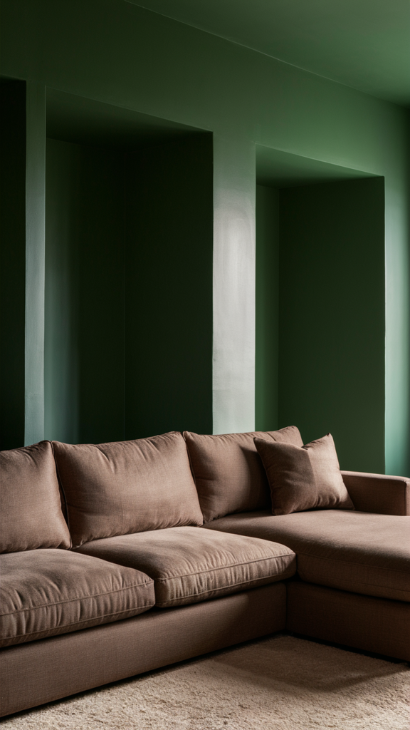 Earthy Brown Sofa with Green Accent Walls