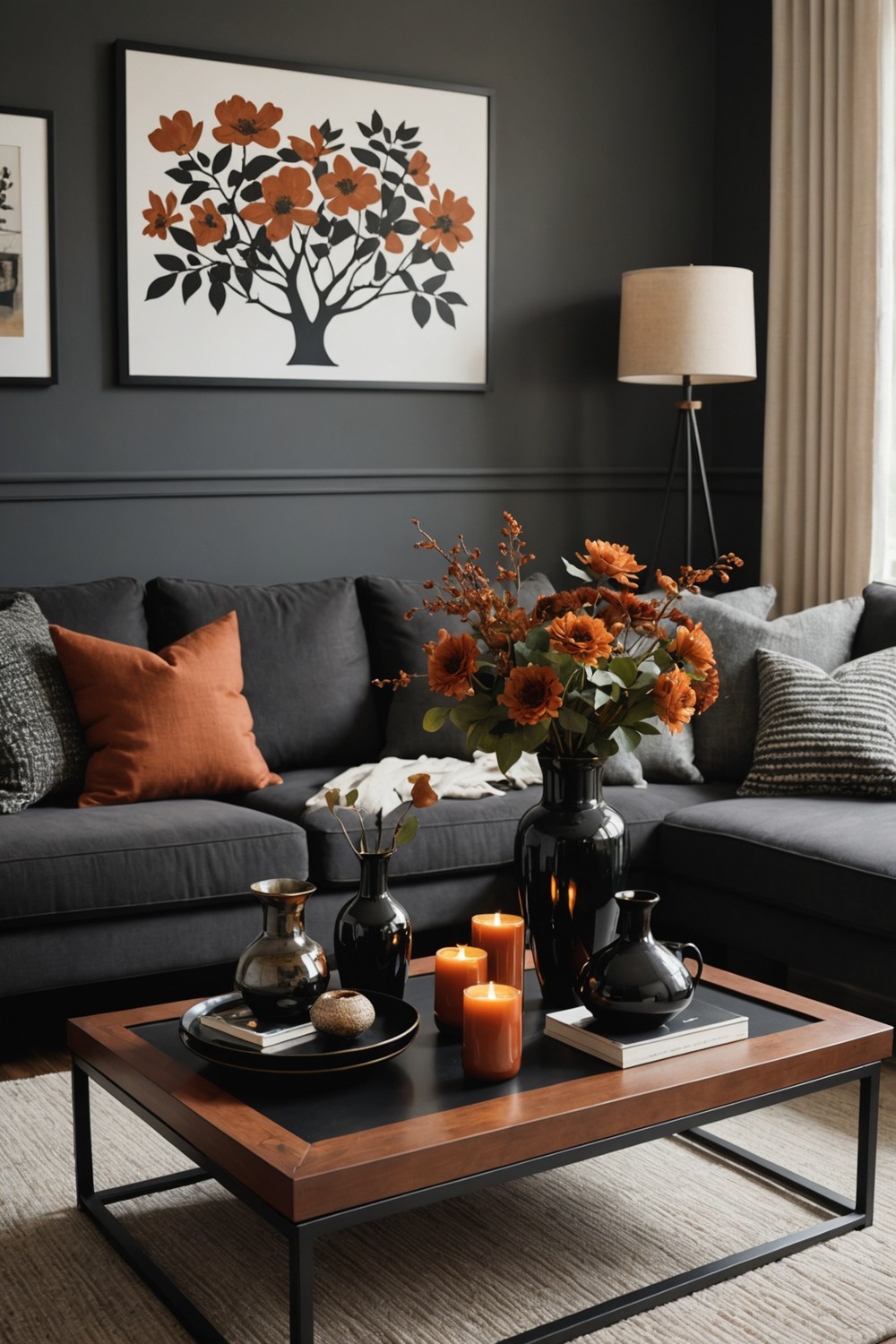 Accentuating with Black and Rust-Colored Vases and Decor