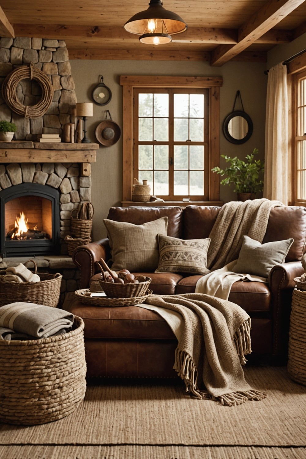 Brown Sofa with Natural Textiles