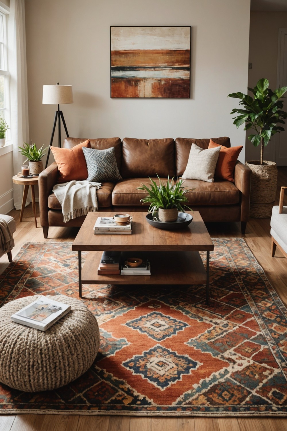 Brown Sofa with Patterned Rug