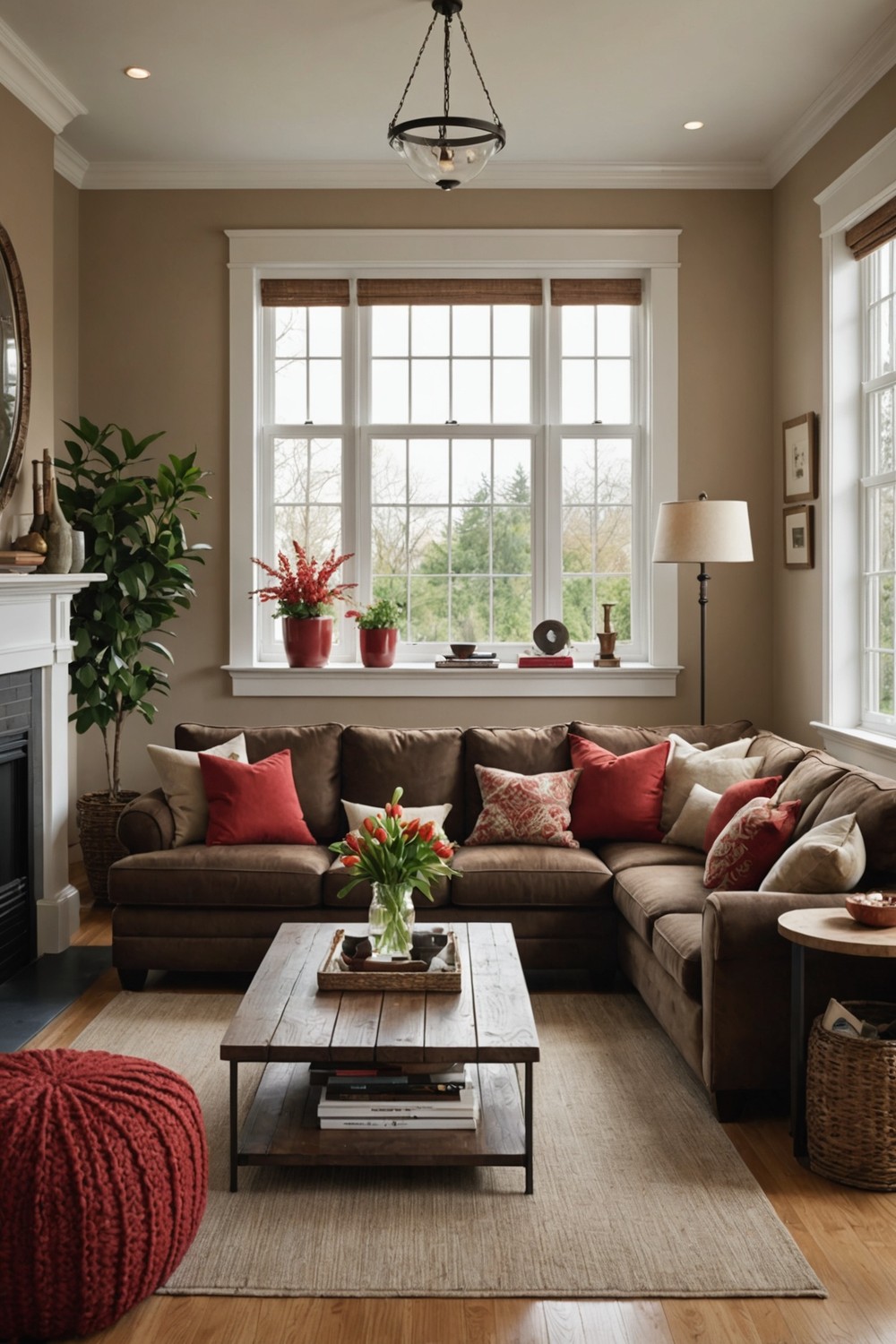 Brown Sofa with Red Accent Pillows