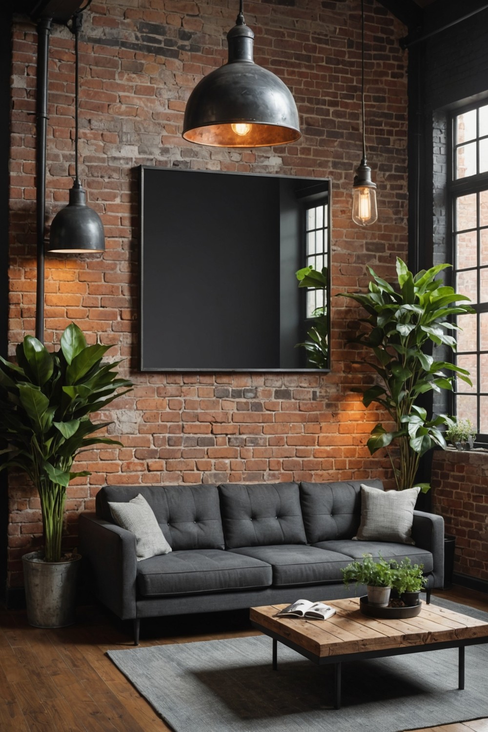 Dark Gray Sofa with Industrial Decor