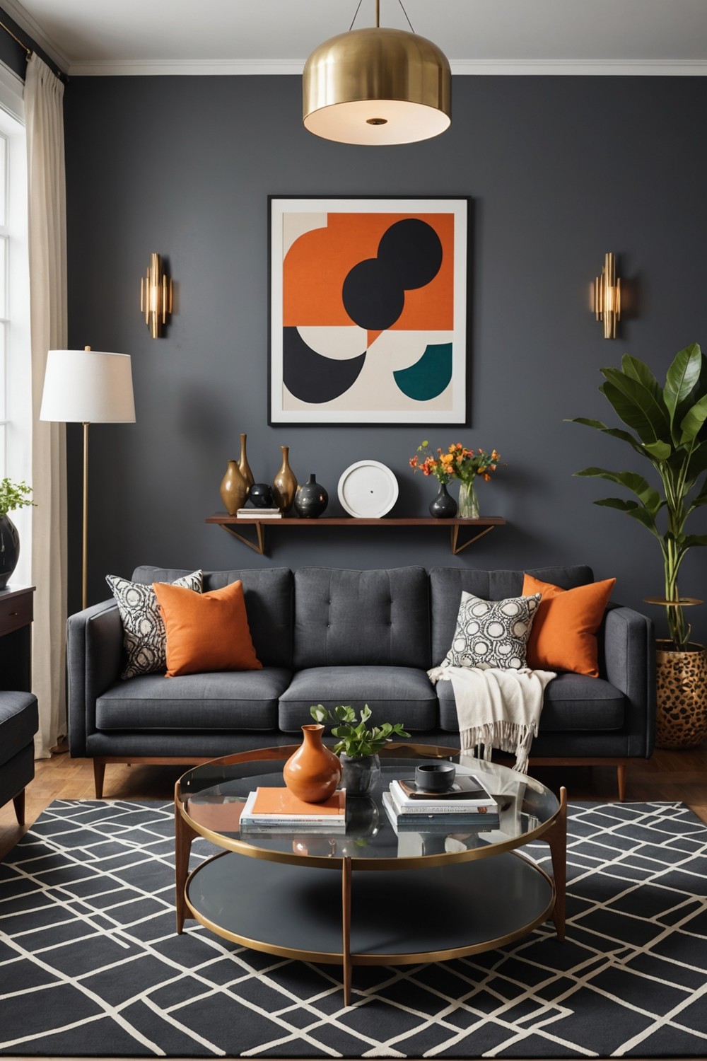 Dark Gray Sofa with Mid-Century Modern Decor