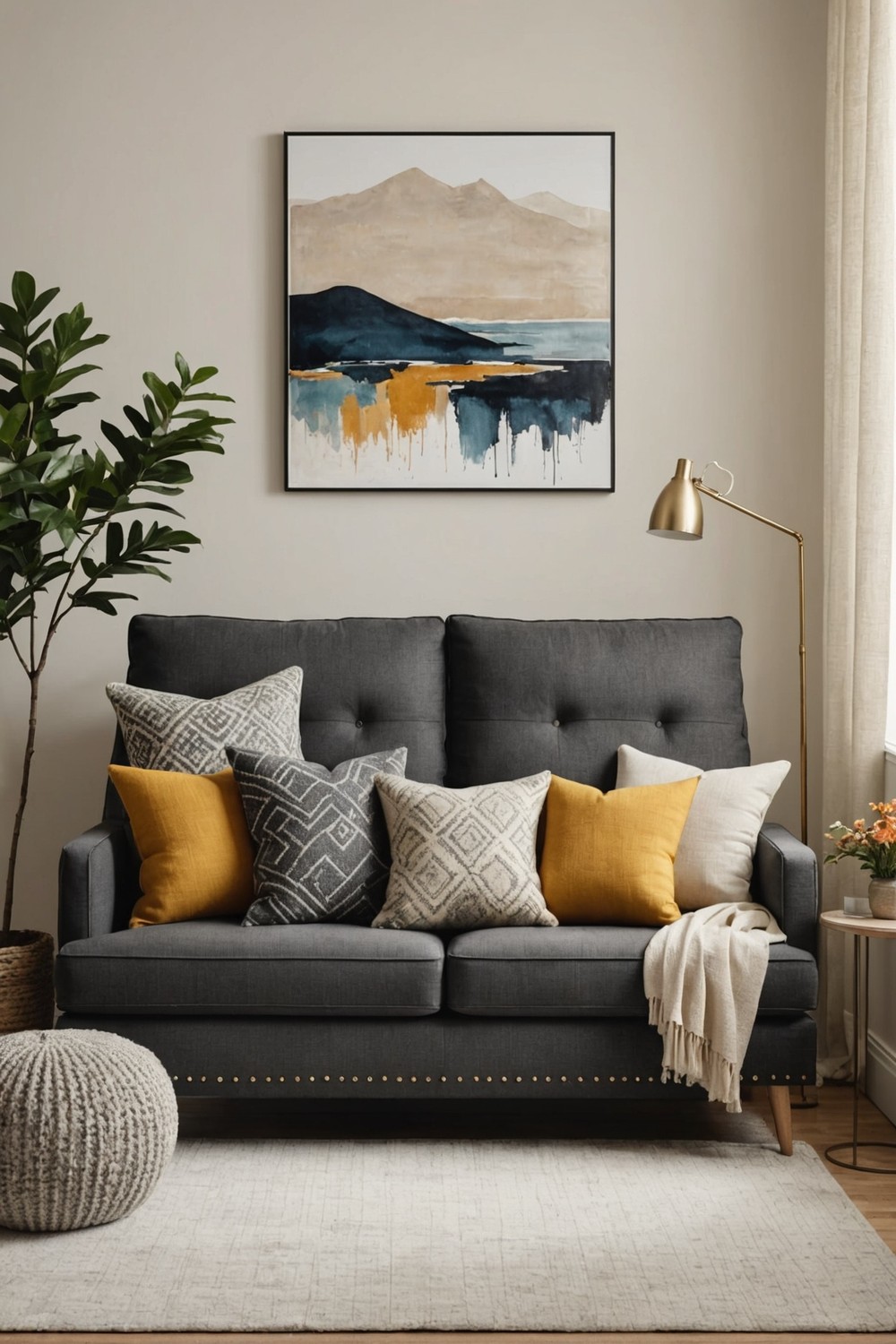 Dark Gray Sofa with Patterned Pillows