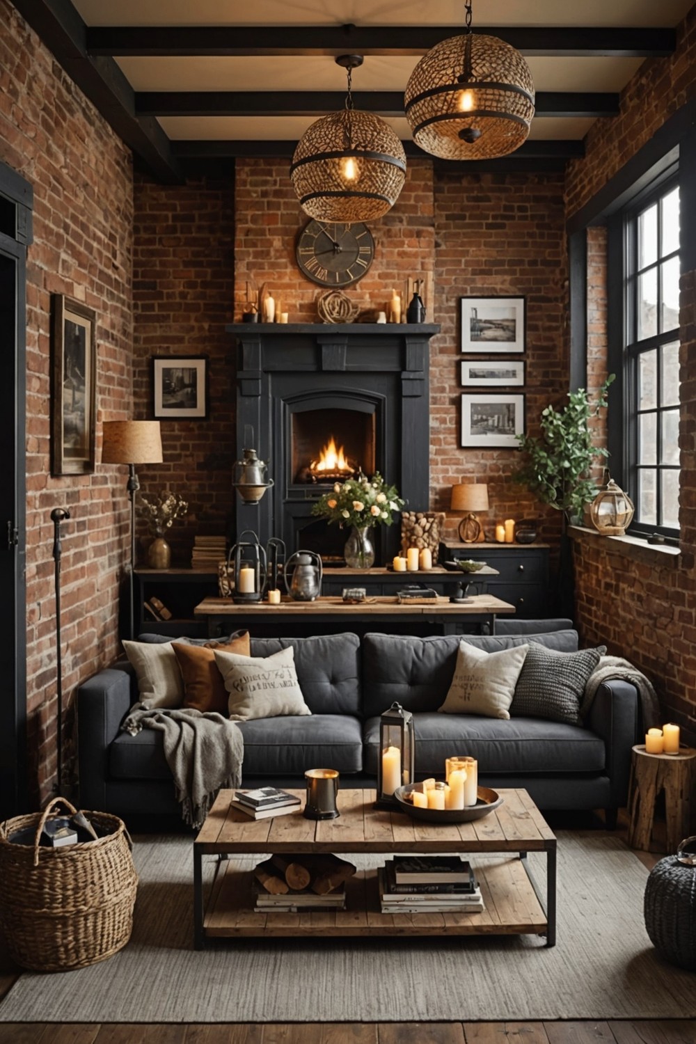 Dark Gray Sofa with Rustic Decor