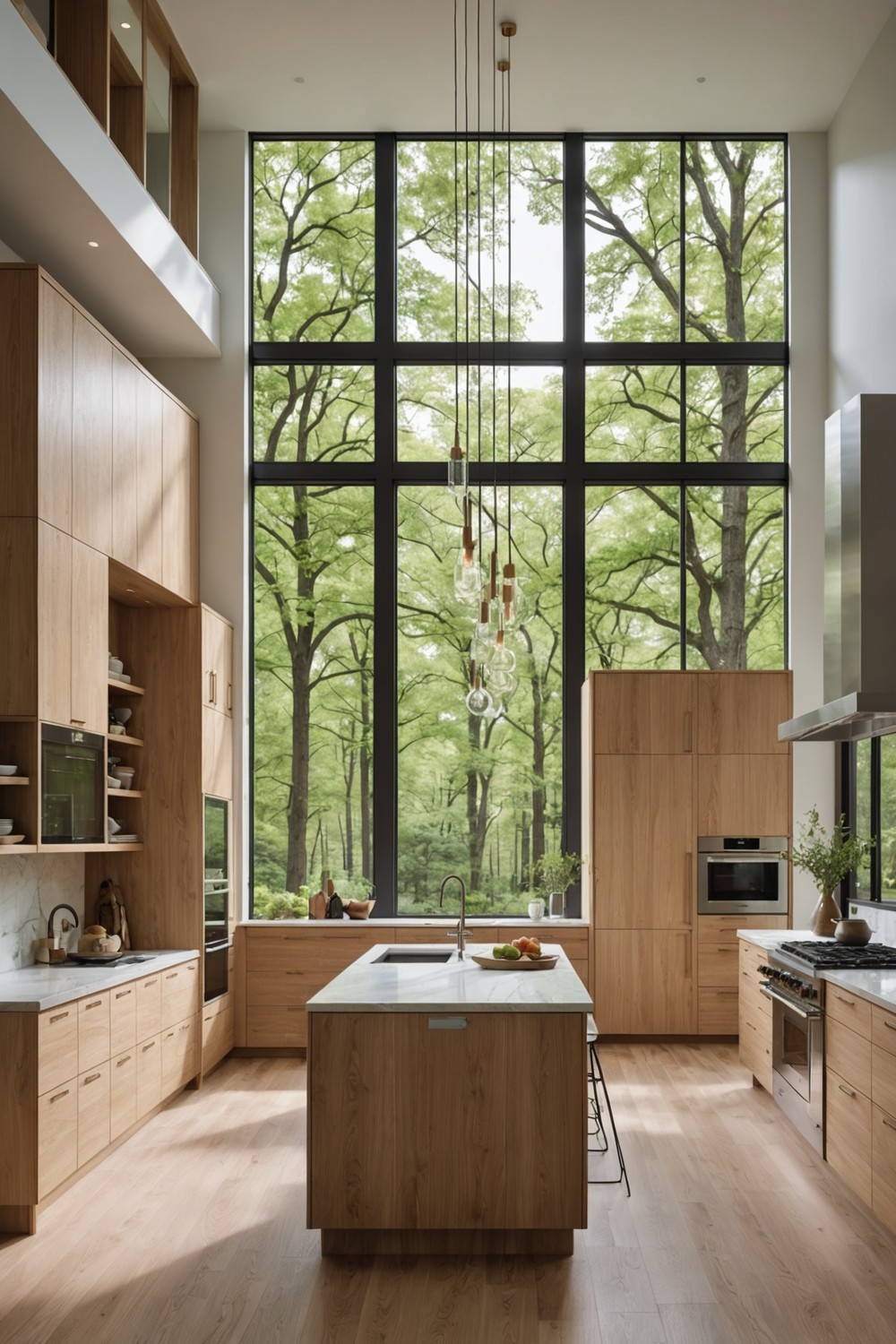 Dramatic Impact: White Oak Kitchen Cabinets with High Ceilings