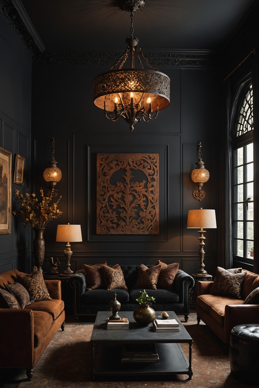 Dramatic Lighting with Rust-Colored Fixtures and Black Shades