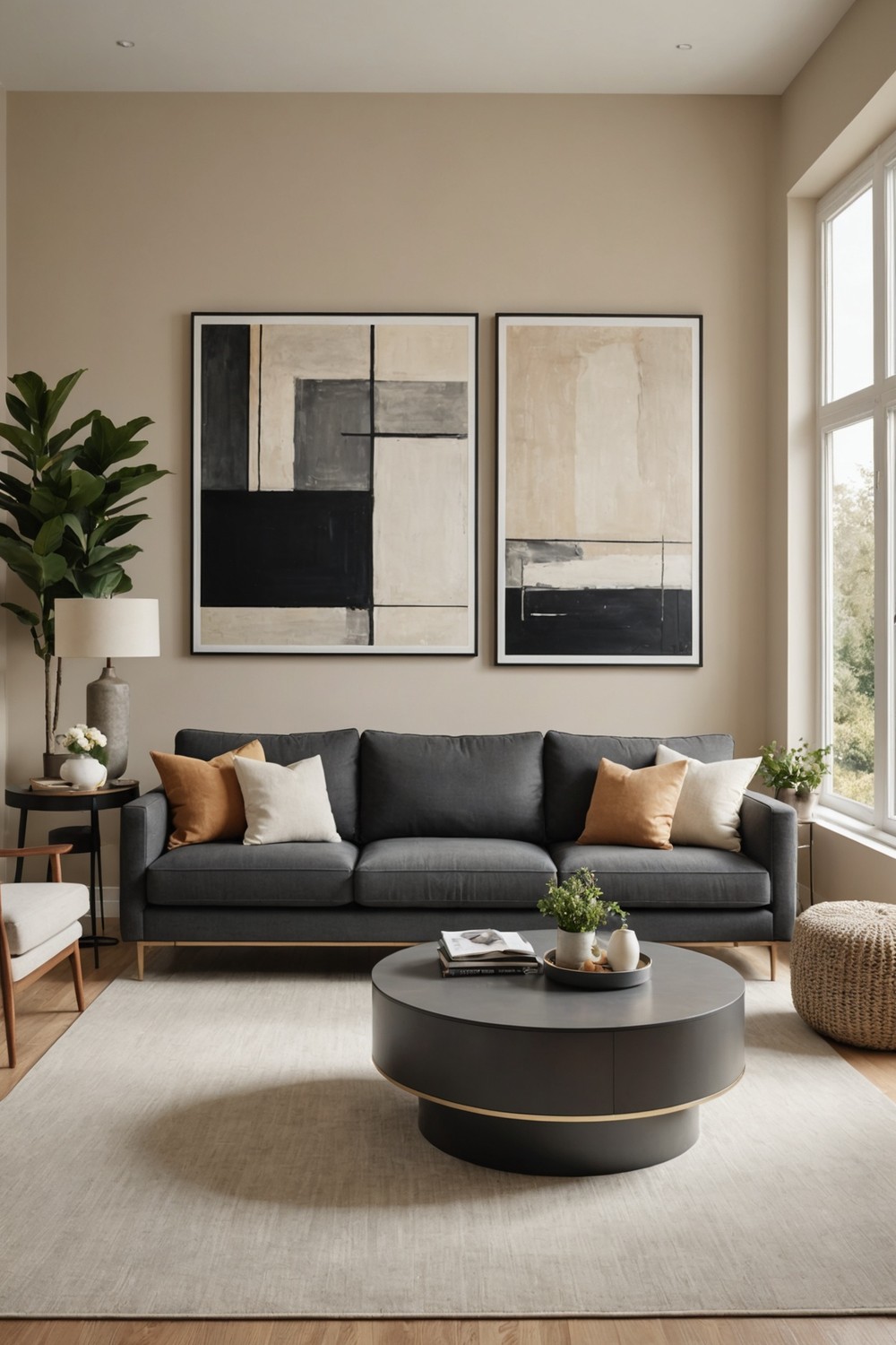 Neutral Walls with Dark Gray Sofa