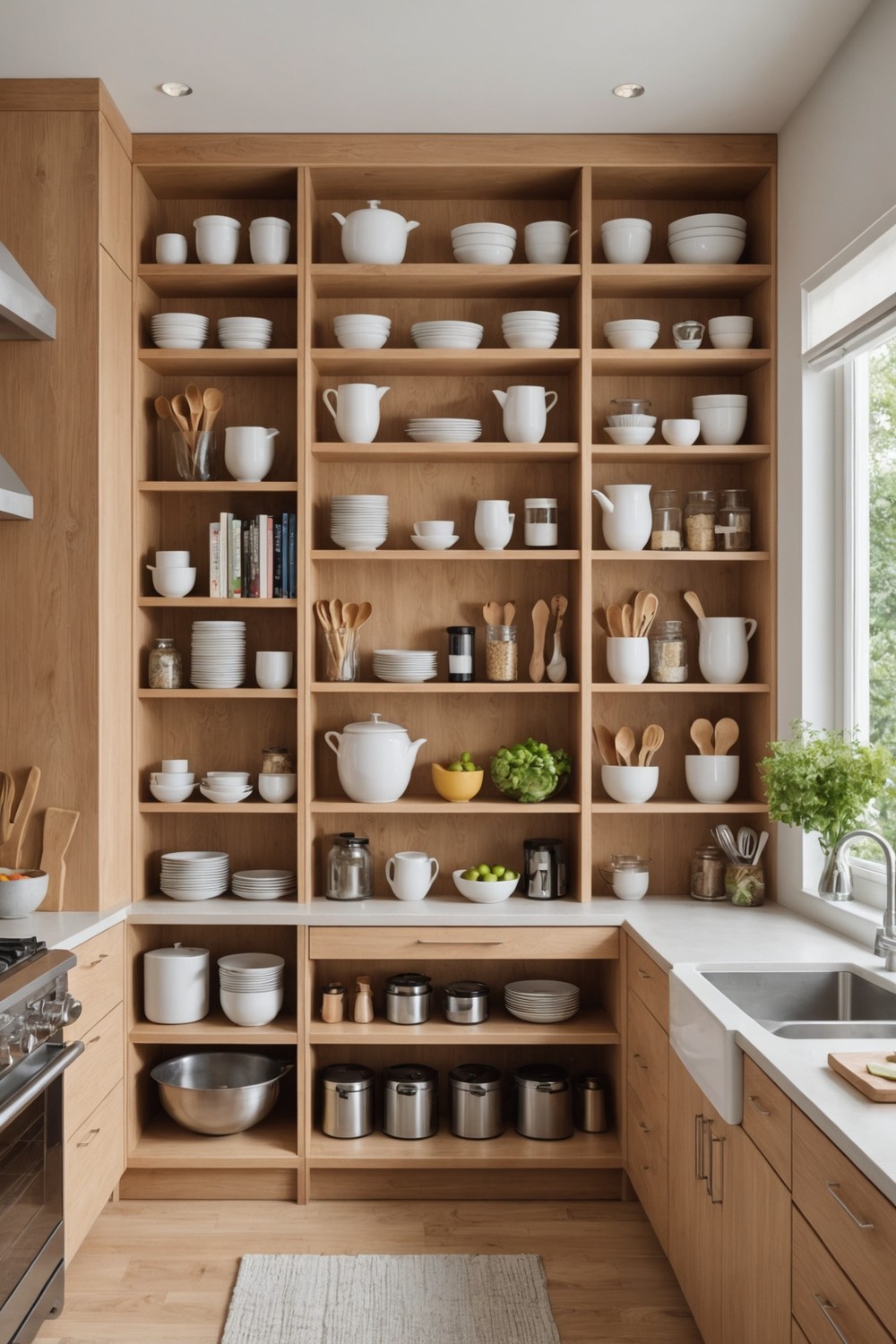 Space-Saving: White Oak Cabinets with Pull-Out Shelves