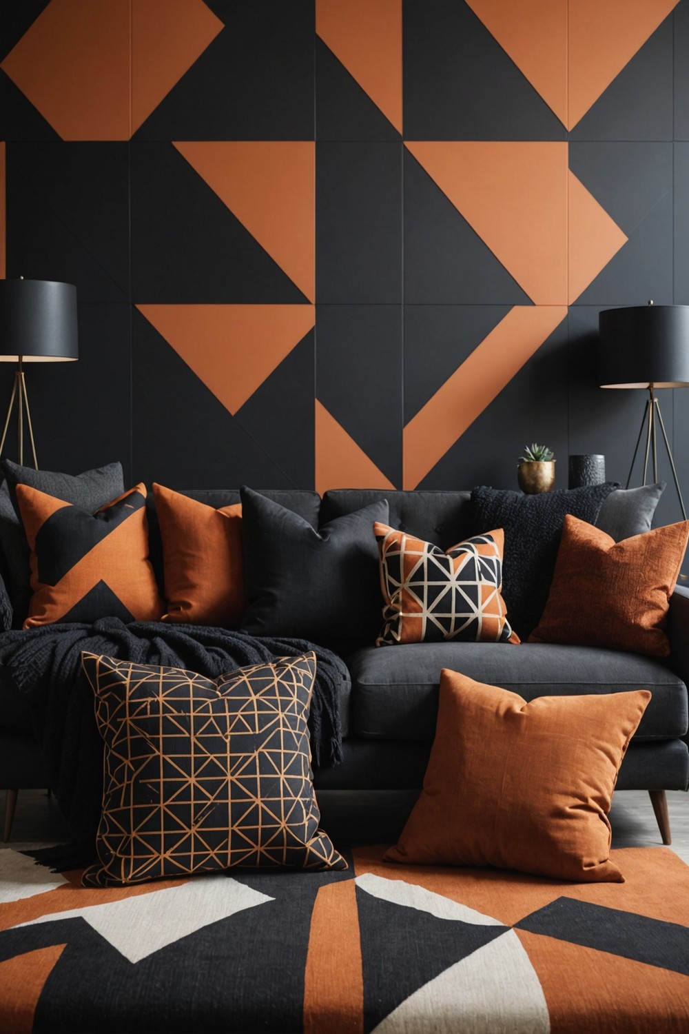 Using Black and Rust Geometric Patterns on Walls and Fabrics