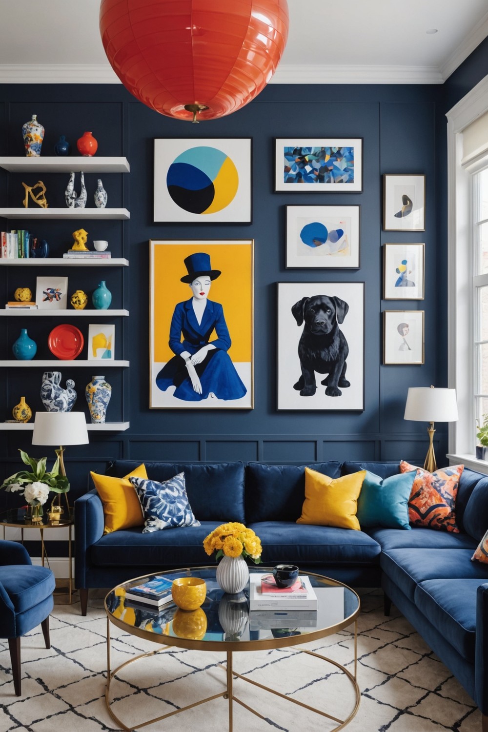 Artistic Display with a Navy Sofa and Unique Art Pieces