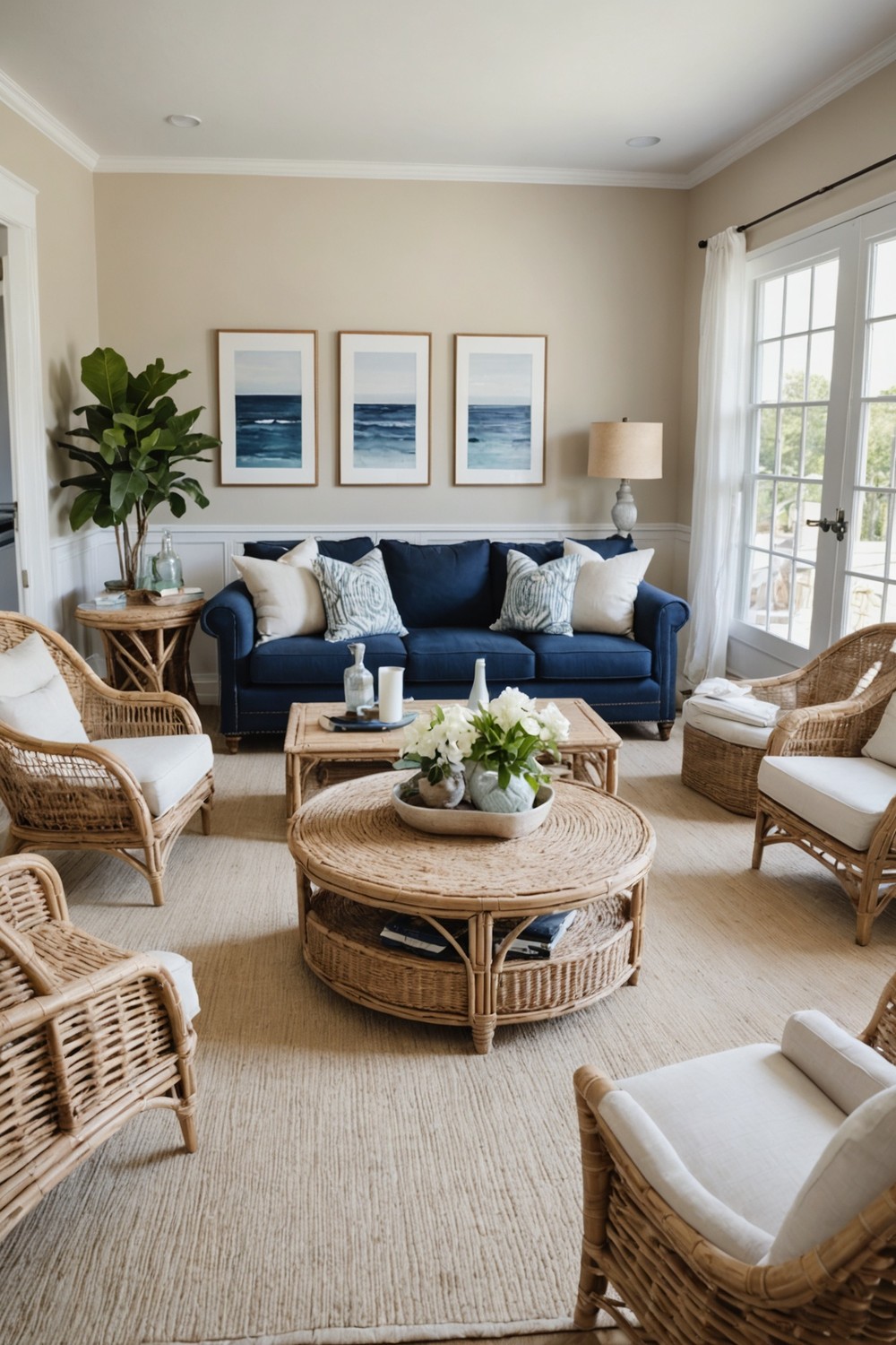 Coastal Chic with Navy Sofa and Wicker Elements