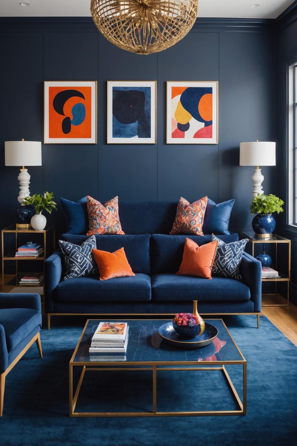 Contemporary Art Gallery Living Room with a Navy Sofa