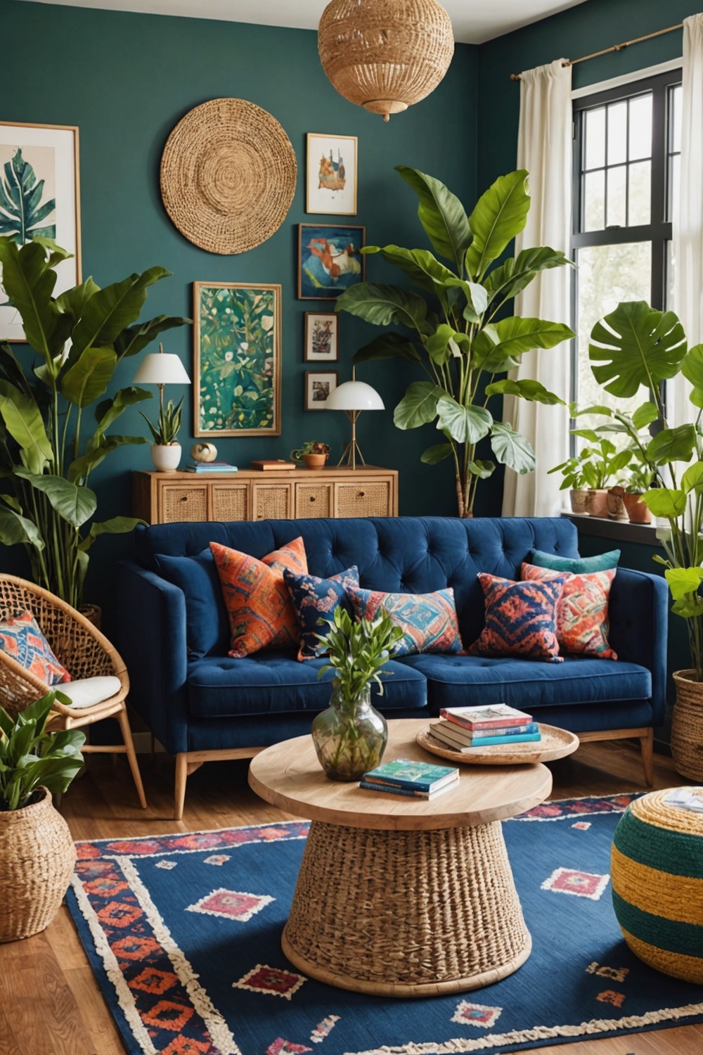 Eclectic Bohemian Living Room Featuring a Navy Sofa