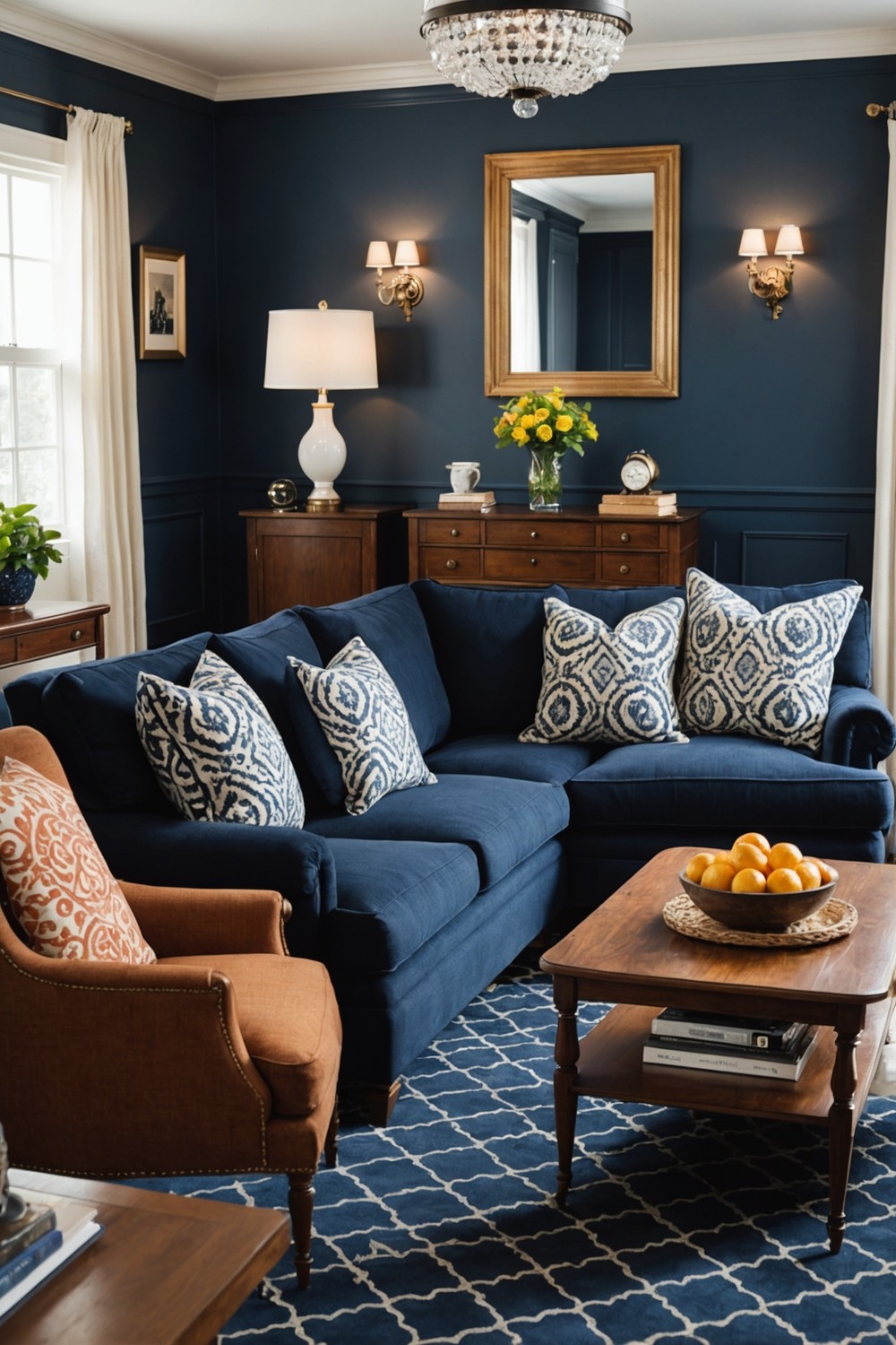 Elegant Navy Sofa in a Traditional Living Room