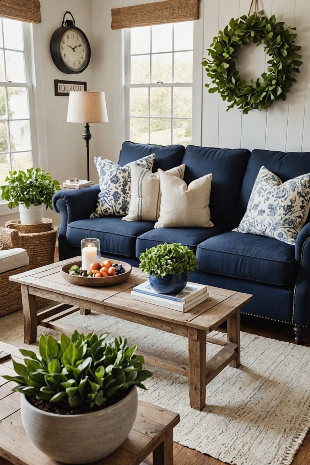 Farmhouse Style Living Room with a Navy Sofa