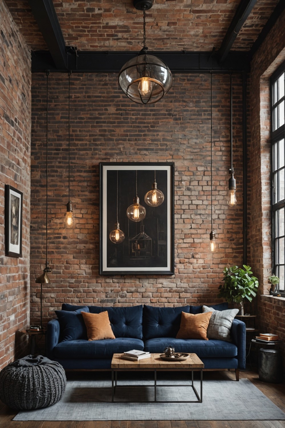 Industrial Style Lounge Featuring a Navy Sofa