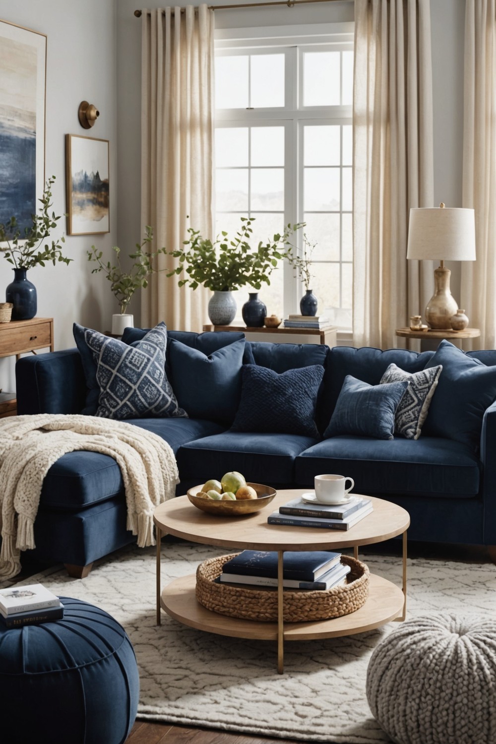 Layered Textures with a Navy Sofa and Cozy Fabrics