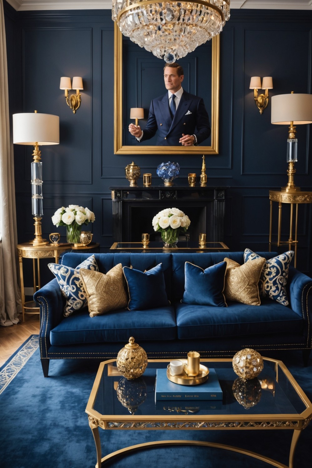 Luxurious Navy Sofa with Gold and Crystal Accents